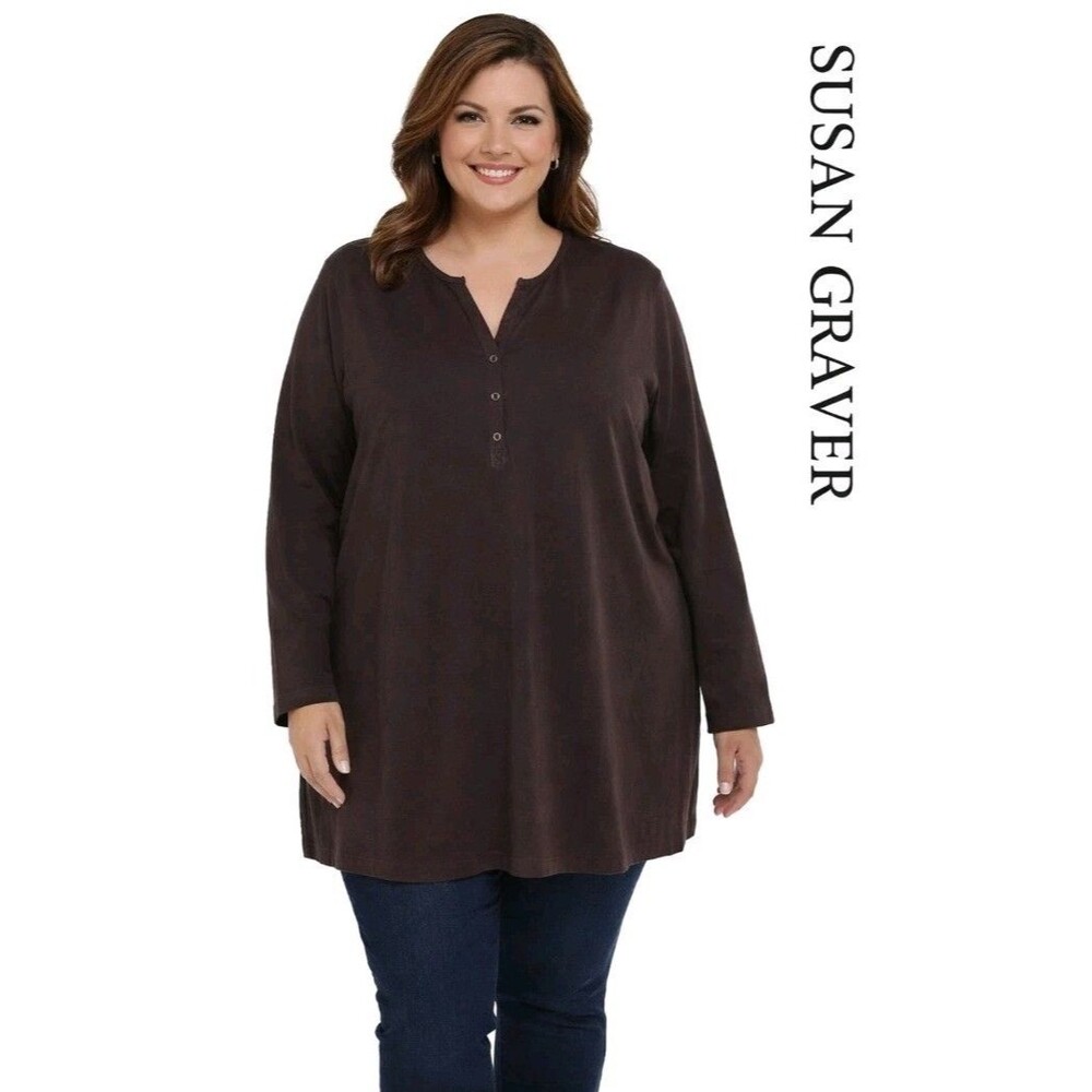 SUSAN GRAVER Womens 2X Henley V-Neck Tunic Shirt Long Sleeve Top Dk Brown A01692